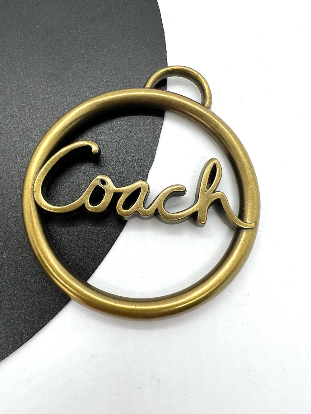 Coach Vintage Large 2.25” Brass Circle Script Logo Key Fob Bag Charm